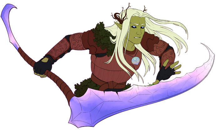 halfbody with flatcolors, armour and a weapon, about $65